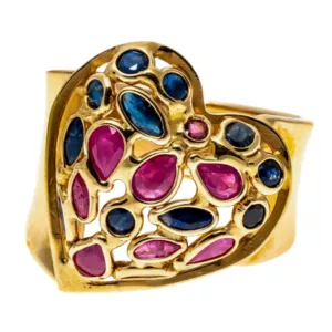 Stained Glass Heart Motif Ring Set with Rubies and Sapphires