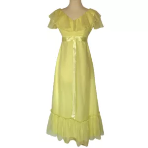 1970s Yellow Polka Dot Flutter Sleeve Maxi Dress