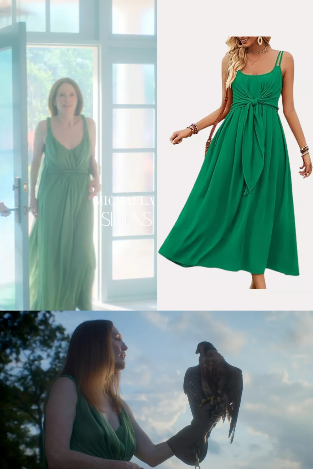 Michaela Kell (played by Julianne Moore) on Sirens on Netflix was spotted wearing this green dress on Sirens on episode 'Exile' (1x01) in May 2025.