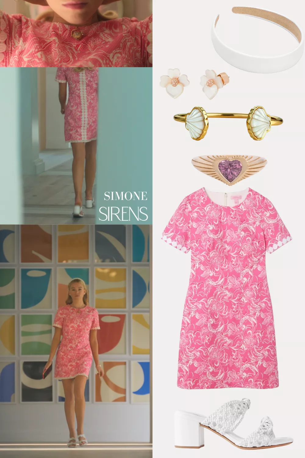 Simone DeWitt (played by Milly Alcock) on Sirens on Netflix was spotted wearing this pink short sleeved dress on Sirens on episode 'Exile' (1x01) in May 2025. Simone's Dress is the Gwyneth Stretch Shift Dress by Lilly Pulitzer x Goop.