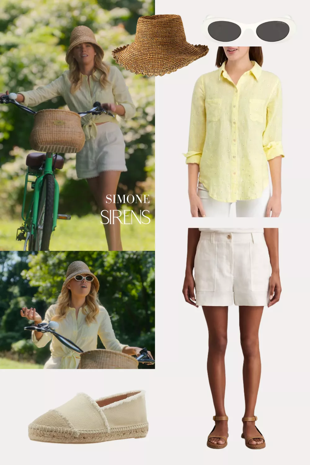 Simone DeWitt (played by Milly Alcock) on Sirens on Netflix was spotted wearing this yellow eyelet shirt on Sirens on episode 'Persephone' (1x04) in May 2025. Simone's Top is the Sea View Linen Button Down Top in Finch Yellow You Drive Me Daisy by Lilly Pulitzer . Simone's Sunglasses is the Logo-plaque oval-frame sunglasses by Miu Miu . Simone's Shoes is the Kampala Frayed Canvas Cap-Toe Espadrilles by Castaner.