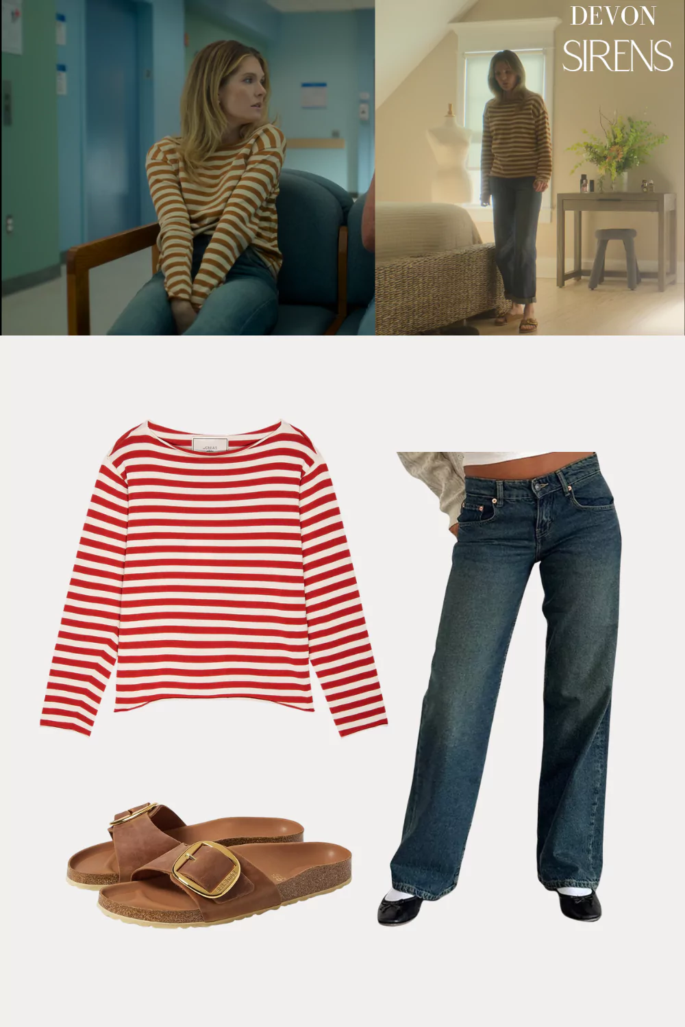 Devon DeWitt (played by Meghann Fahy) on Sirens on Netflix was spotted wearing this beige striped sweatshirt on Sirens on episode 'Siren Song' (1x05) in May 2025. Devon's Sweater is the The Sailor Sweater in Camel Stripe by The Great . Devon's Shoes is the Madrid Big Buckle Sandals by Birkenstock.