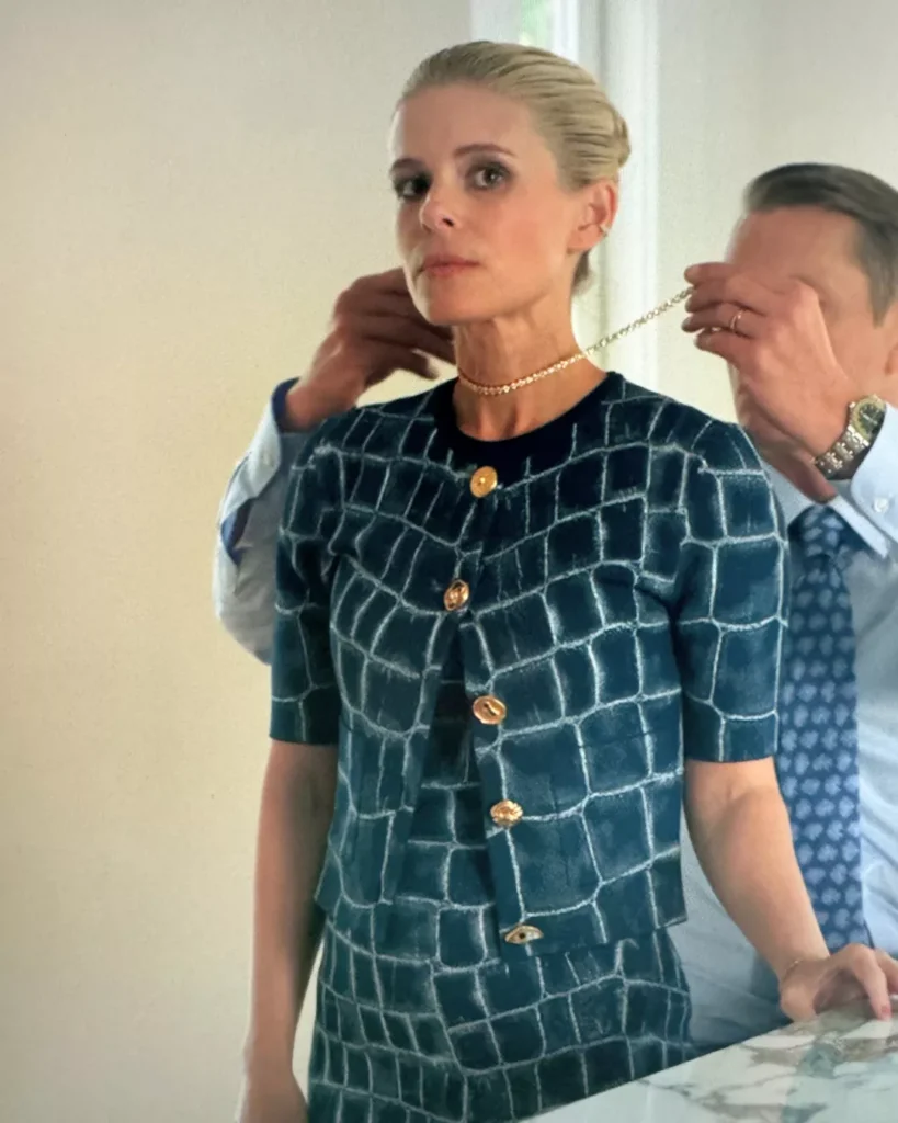 Nancy's Blue and White Crocodile Cardigan and Dress