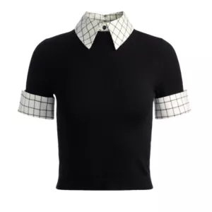 Alice + Olivia Aster cuffed collared top in black and white
