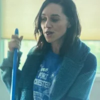 Allison's Blue Patchwork Sweater on Your Friends & Neighbors S01E08