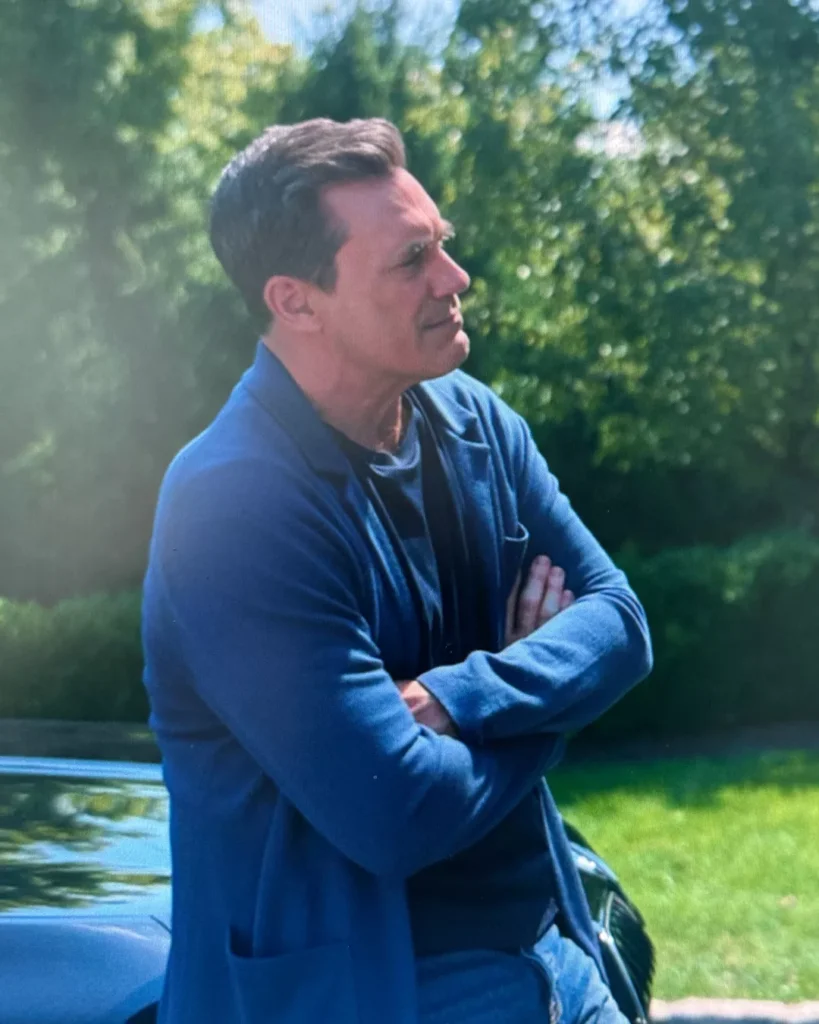 Andrew's Blue Cardigan on Your Friends & Neighbors S01E09