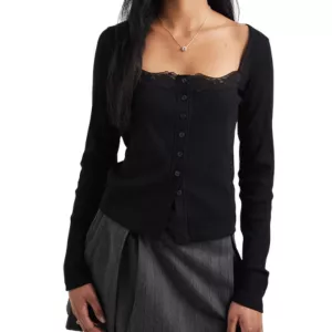 ASOS DESIGN cotton ribbed button down square neck top with lace trim