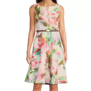 CALVIN KLEIN Floral Belted Jewel-Neck A-Line Dress