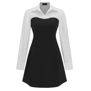 Cider Collar Solid Patchy Mini Shirt Dress