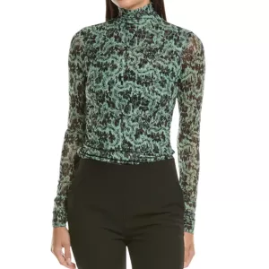 Cinq a Sept Long Sleeve Shirred Mesh Turtleneck Top