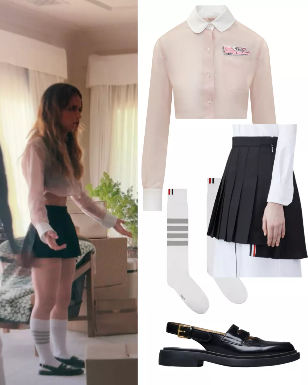 Cora's Black Slingbacks, Black Pleated Miniskirt and Sheer Crop Top