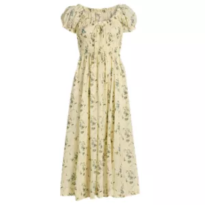 Doen Yellow Floral Shirred Midi Dress