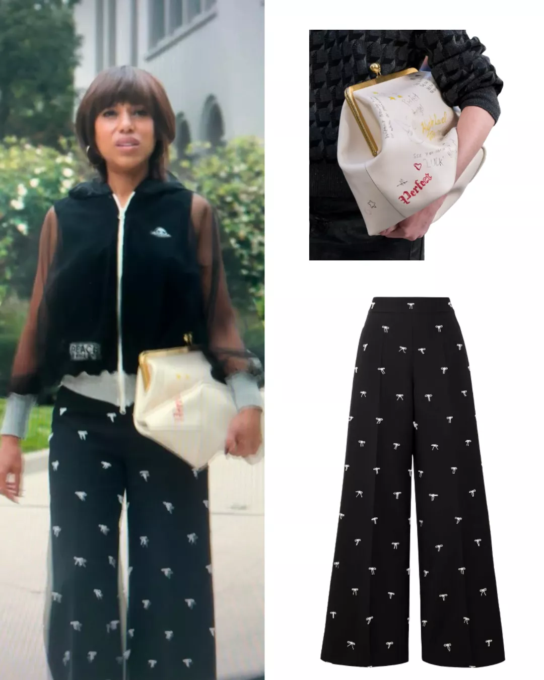 Eleanor's Black zip-up and Black Bow Pants