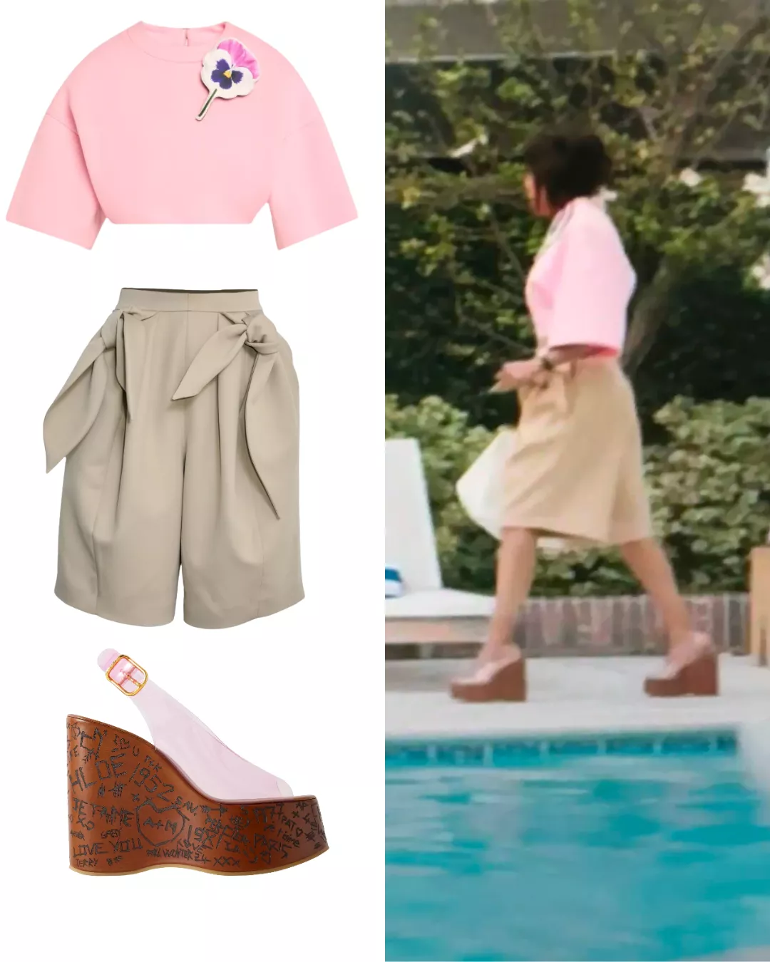 Eleanor's Pink Cropped Top and Khaki Shorts