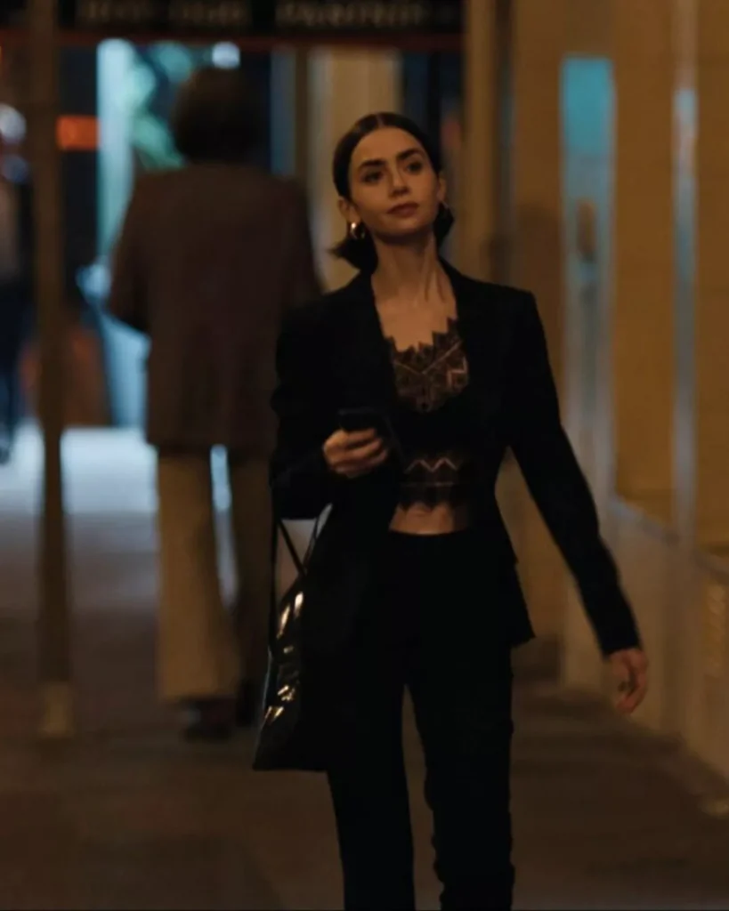 Emily’s Black Outfit and Tote Bag