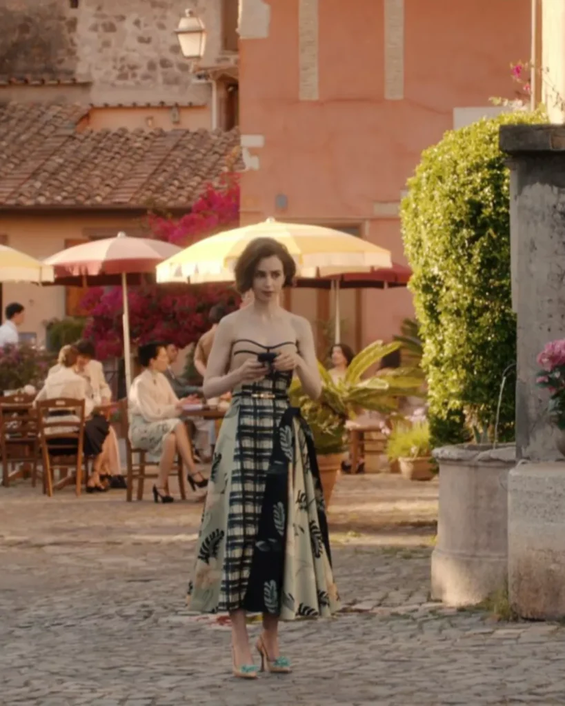 Emily’s mixed print strapless dress