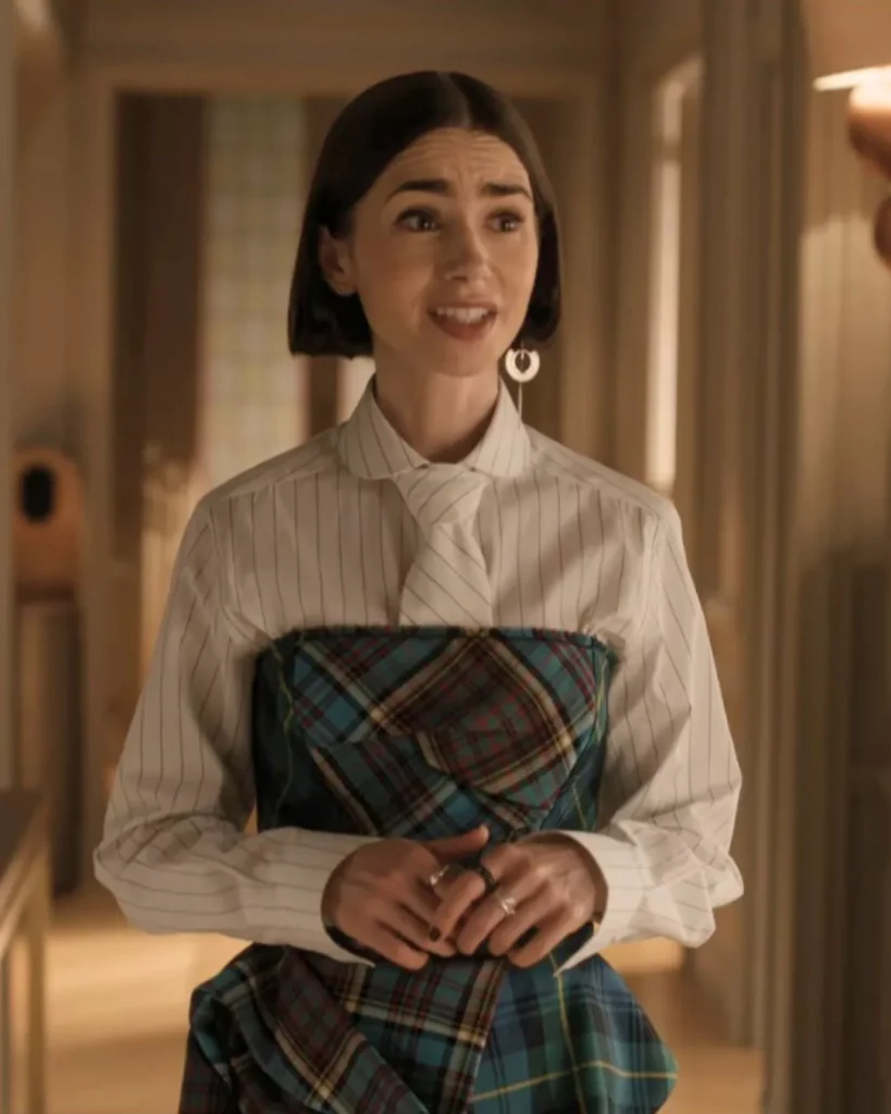 Emily’s pinstripe tie shirt and blue gingham dress