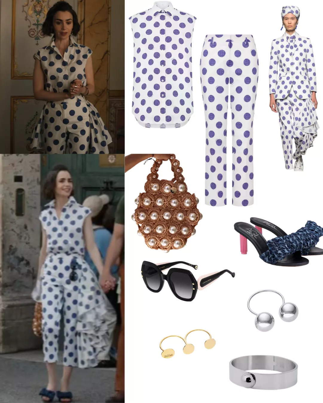 Emily in Paris S05E04: Emily's White and Blue Polka Dot Outfit