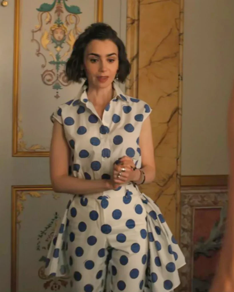 Emily's White and Blue Polka Dot Outfit