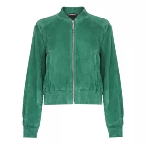 Green Cropped Suede Bomber Jacket
