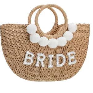 Handwoven Straw Bag Rhinestone Pearl Letters