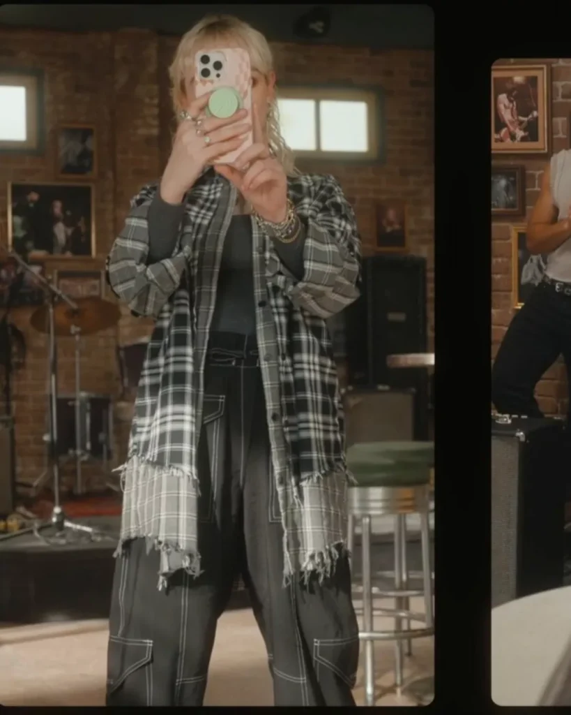 Jules’ Black Plaid Top and Black Pants on Off Campus S01E02