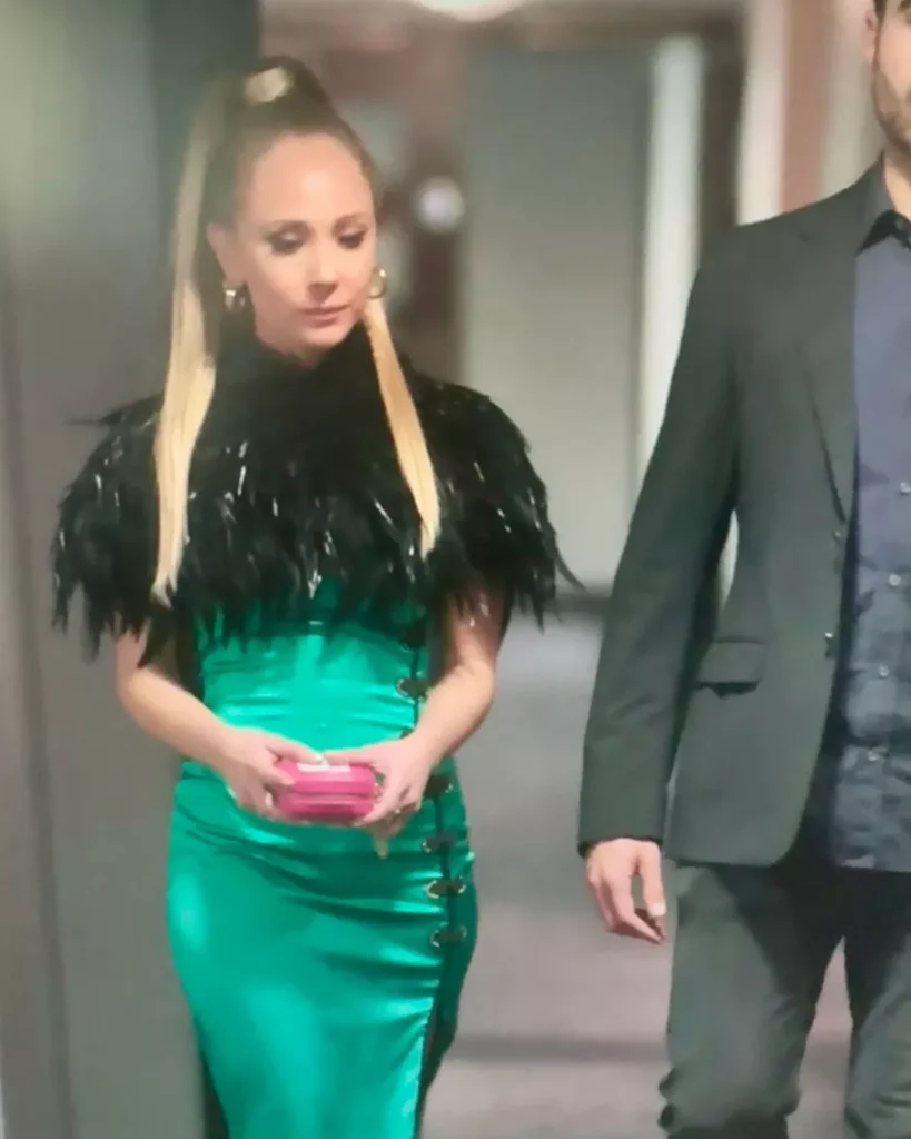 Keeley's Green Dress and Feather Bolero