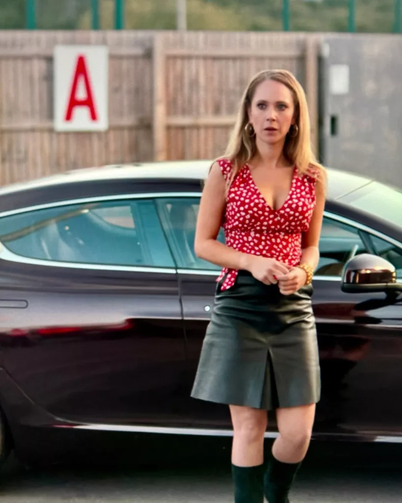 Keeley's Red and White Blouse and Black Leather Skirt