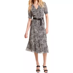 Michael Kors Zebra Print Georgette Belted Puff Sleeve Midi Shirt Dress