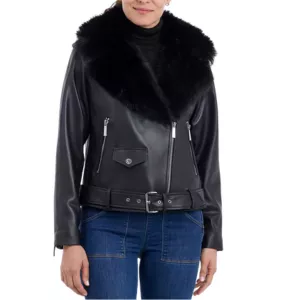 MICHAEL Michael Kors Women's Faux-Fur-Trim Leather Moto Coat