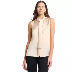 Misook Tie-Neck Crepe de Chine Blouse, Biscotti