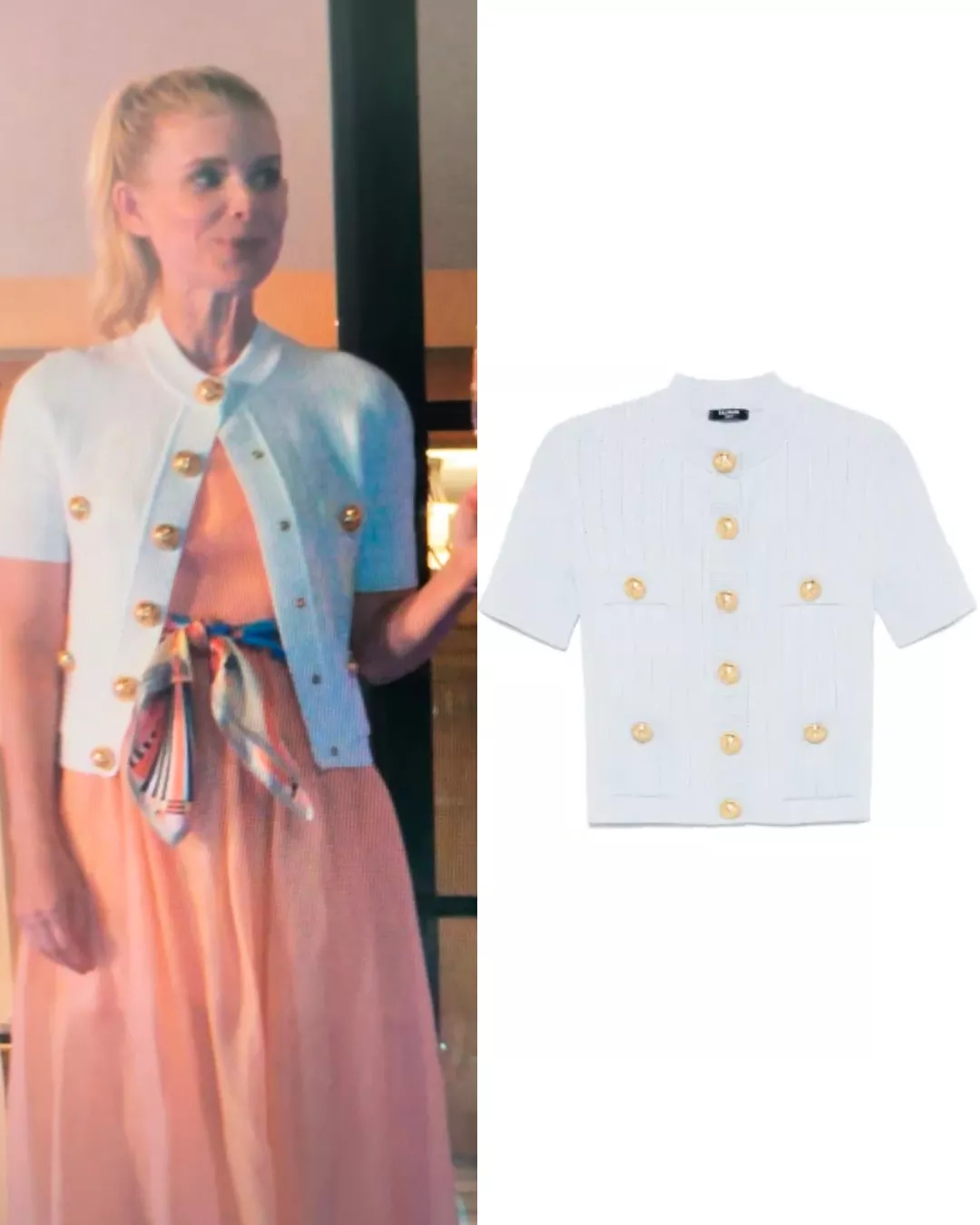 Nancy's White Sweater with gold buttons