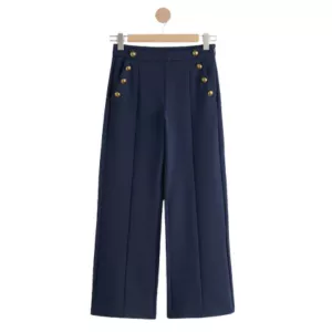 Navy Blue Ponte Wide Leg Trousers With Gold Button Detailing