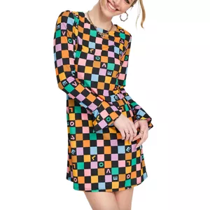 Never Fully Dressed checkerboard print mini dress in rainbow LOVE print