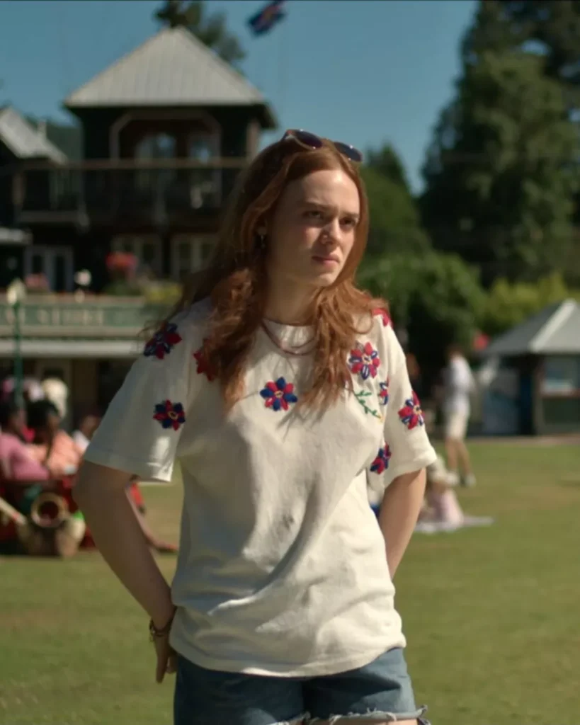 Percy's White Top With Embroidered Flowers on Every Year After S01E02