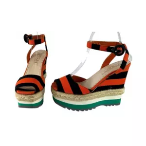 Prada Black and Orange Striped Fabric Wedge Sandal