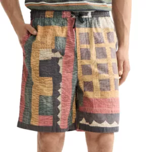 Printed patchwork cotton-poplin loose fit bermuda shorts