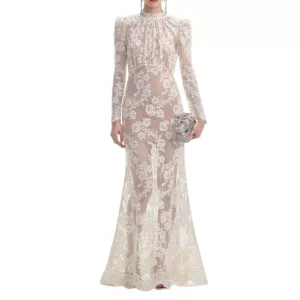 Self-Portrait White Rhinestone Lace Maxi Dress