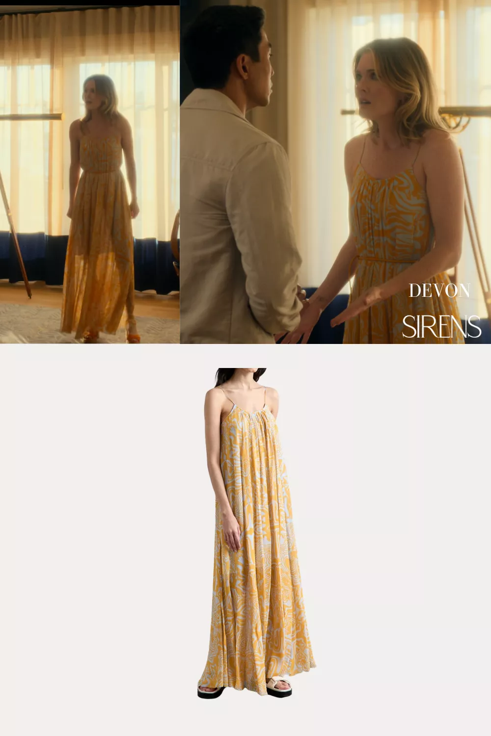 Devon DeWitt (played by Meghann Fahy) on Sirens on Netflix was spotted wearing this printed maxi dress on Sirens on episode 'Persephone' (1x04) in May 2025. Devon's Dress is the Solin Cosmic Chiffon Maxi Dress by Rodebjer.