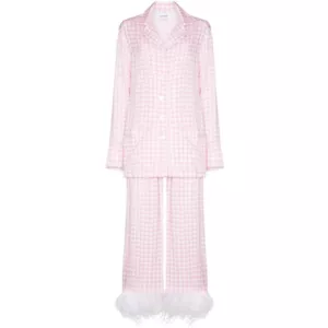 SLEEPER Feather-trimmed Gingham Crepe De Chine Pajama Set In Pink