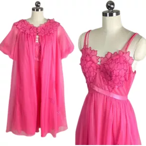 Vintage 1960's Fuchsia Pink Nylon Chiffon Nightgown & Peignoir Set with Flower Petal Appliques