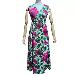 Vintage 1960’s Vibrant Fuchsia Pink and Green Floral Midi Dress