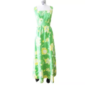 Vintage 60s Floral Maxi Dress Green & Yellow Cotton Sundress