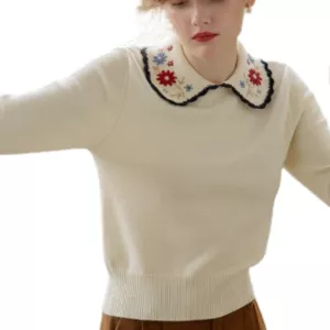 Women's Sweater Floral Embroidery Peter Pan Collar