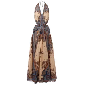Zimmermann Ascension Plunge Halter Printed Cotton Maxi Dress Multi Floral