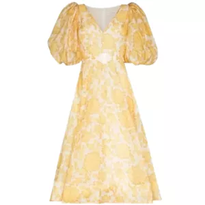 Zimmermann Postcard Puff Sleeve Midi Dress in yellow floral